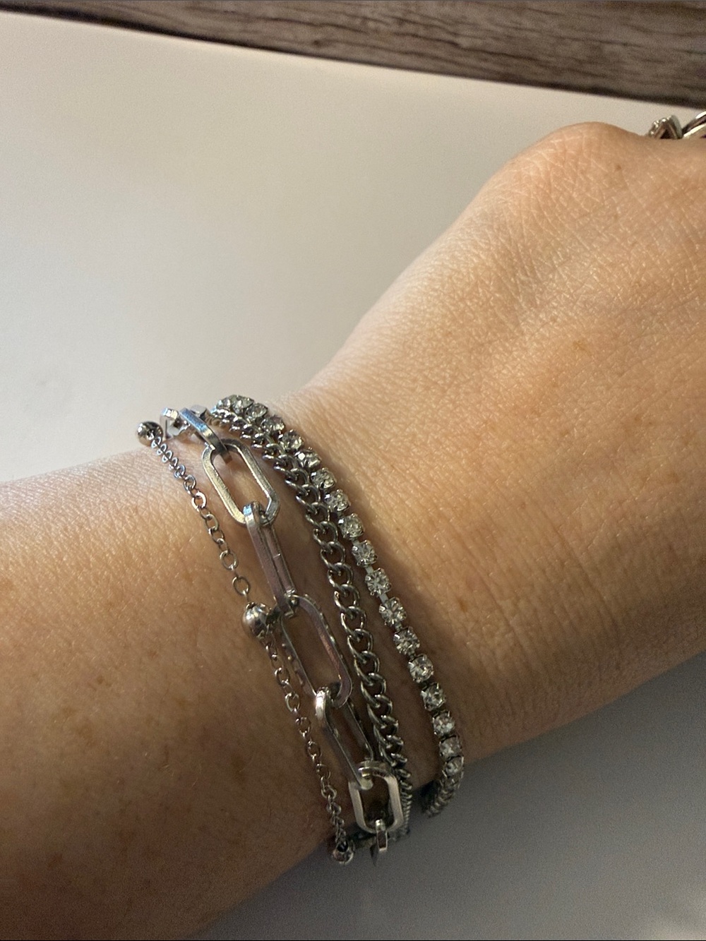 Layered Chain and Rhinestone Bracelets Set - Silver - Picture 10 of 10